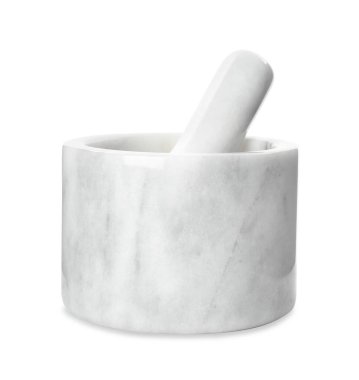 Modern mermer harç ve tokmak beyaza izole edilmiş. Mutfak aletleri