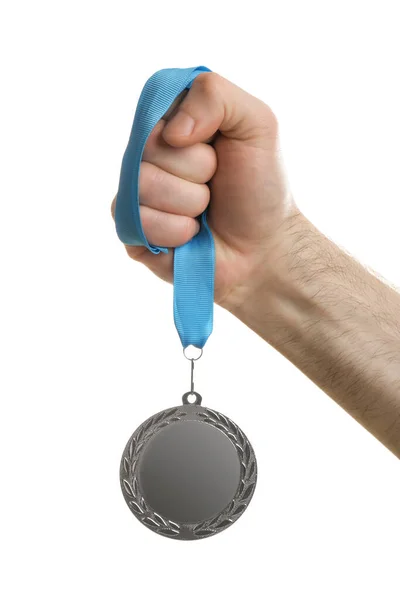 Man Holding Silver Medal White Background Closeup Space Design — Stock Photo, Image