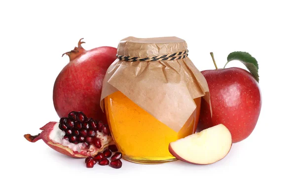 Zlato Jablka Granátové Jablko Bílém Pozadí Rosh Hashanah Dovolená — Stock fotografie