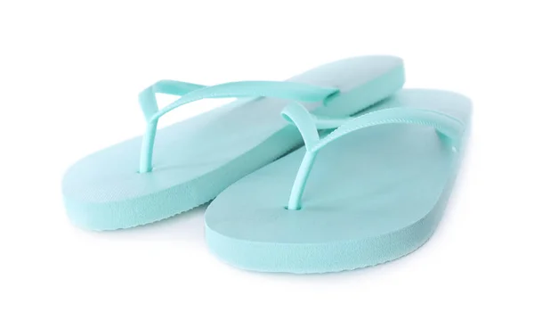 Lichtblauwe Teenslippers Geïsoleerd Wit Strand Accessoire — Stockfoto