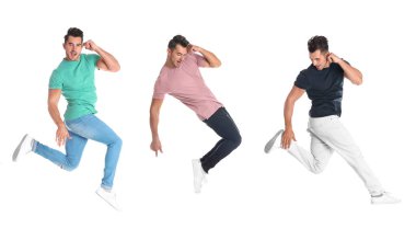 Beyaz arka planda atlayan, moda kıyafetleri giyen duygusal genç adam kolajı.