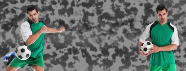 Genç adam renkli arka planda futbol oynuyor, mesaj için yer var. Pankart tasarımı