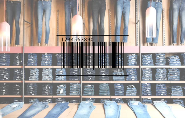 Barcode Collectie Stijlvolle Jeans Tentoongesteld Groothandel — Stockfoto
