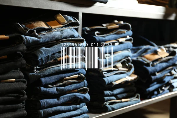 Barcode Collectie Van Stijlvolle Jeans Rek Groothandel — Stockfoto