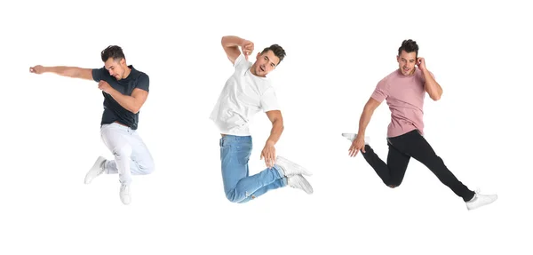 Collage Emotionella Ung Man Bär Mode Kläder Hoppar Vit Bakgrund — Stockfoto