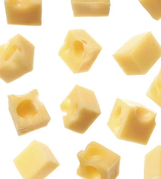 Set Deliziosi Cubetti Formaggio Sfondo Bianco — Foto Stock