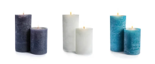 Conjunto Velas Color Ardiente Sobre Fondo Blanco Diseño Banner — Foto de Stock