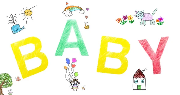 Diversi Disegni Parole Bambino Scritte Sfondo Bianco Design Banner — Foto Stock