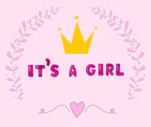 用铝箔气球的字母和粉色背景的皇冠拼凑成一个女孩 婴儿淋浴派对 — 图库照片