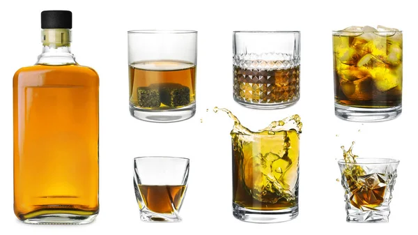Kollázs Üveg Pohár Whisky Fehér Alapon — Stock Fotó