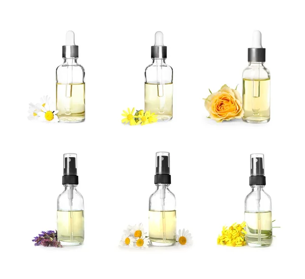 異なるエッセンシャルオイルと白の背景に新鮮な花のボトルとセット — ストック写真