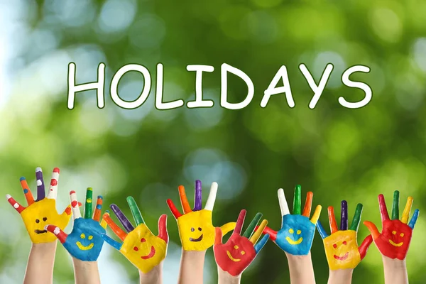 School Holidays Children Painted Palms Outdoors Closeup — Stock Photo, Image