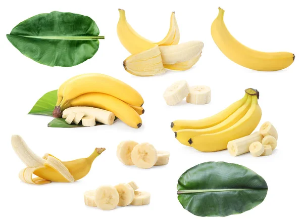 Set Lahodnými Banány Bílém Pozadí — Stock fotografie