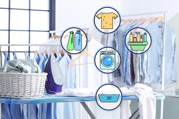 Different Icons Ironing Board Clothes Dry Cleaner — Stock Photo, Image