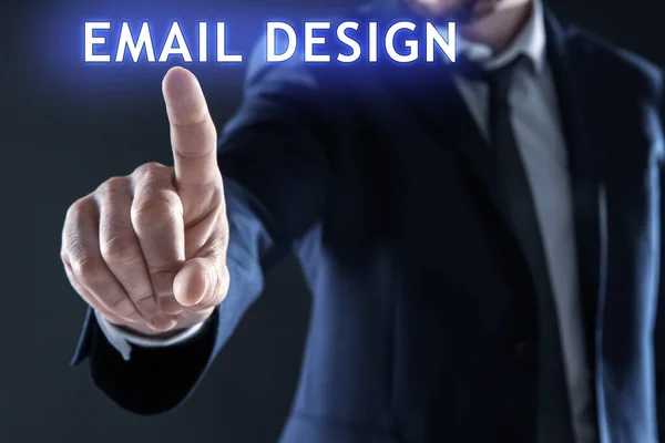 Zakenman Wijst Naar Zin Email Design Virtueel Scherm Close — Stockfoto