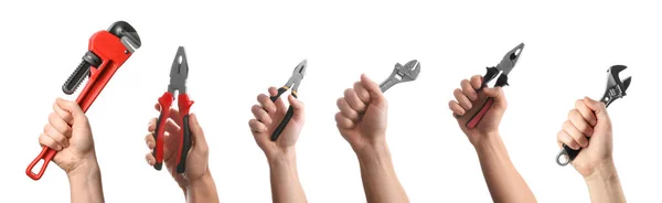 Set Photos People Holding Different Tools White Background Closeup Banner — Stock Photo, Image