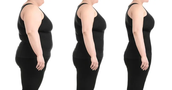 stock image Collage with photos of overweight woman before and after weight loss on white background,closeup. Banner design 