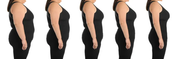 白い背景に体重減少の前後に太りすぎの女性の写真とコラージュ クローズアップ バナーデザイン — ストック写真