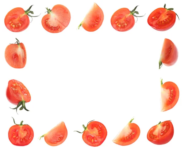 Quadro Deliciosos Tomates Cereja Maduros Fundo Branco — Fotografia de Stock