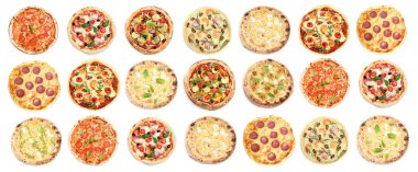 Beyaz arka planda farklı lezzetli pizzalarla set, üst manzara. Pankart tasarımı 