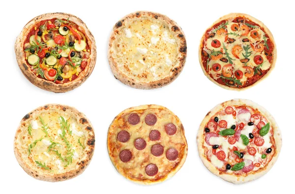 Set Met Verschillende Lekkere Pizza Witte Achtergrond Bovenaanzicht — Stockfoto
