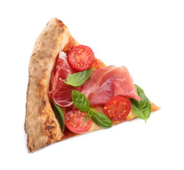 Lezzetli pizza dilimleri beyaza izole edilmiş, üst manzara