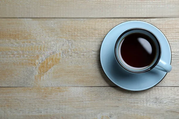 Tazza Nero Aromatico Sul Tavolo Legno Vista Dall Alto Spazio — Foto Stock