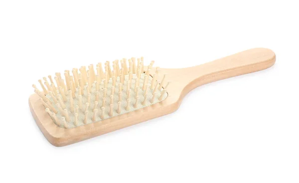 Nouvelle Brosse Cheveux Bois Isolée Sur Blanc — Photo