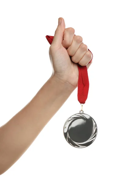 Vrouw Met Zilveren Medaille Witte Achtergrond Close Ruimte Voor Ontwerp — Stockfoto