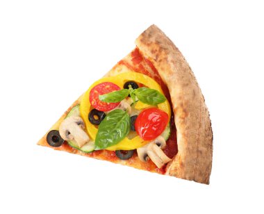 Lezzetli pizza dilimleri beyaza izole edilmiş, üst manzara