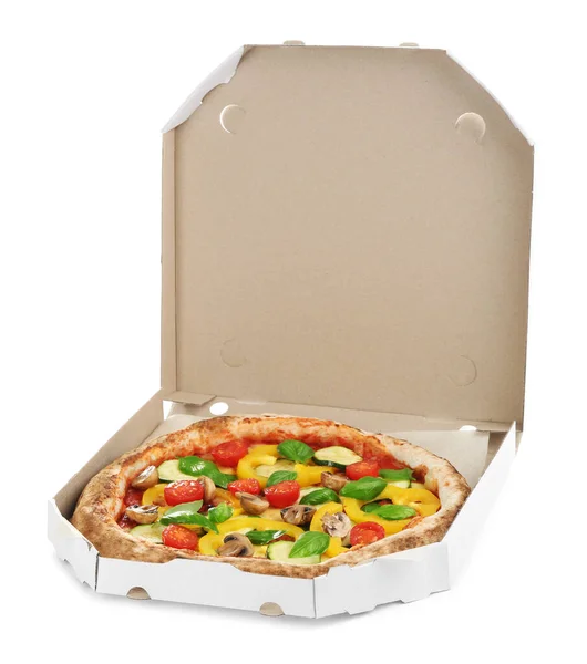 Вкусная Овощная Пицца Картонной Коробке Белом Фоне — стоковое фото