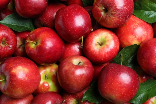 Куча Вкусных Красных Яблок Листьями Качестве Фона Вид Сверху — стоковое фото