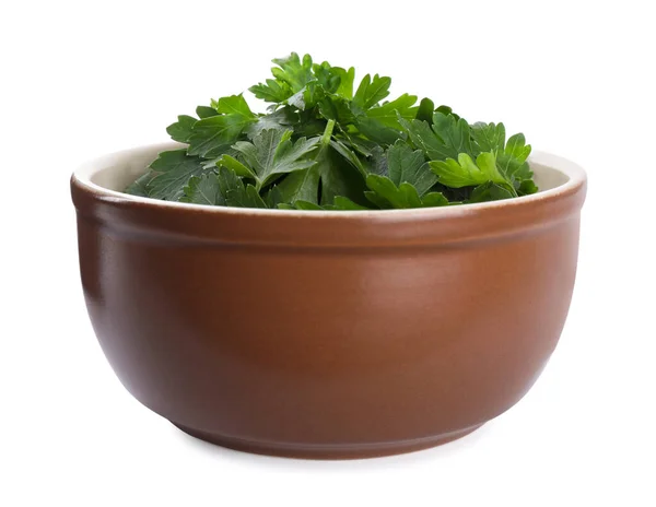 stock image Fresh green parsley in bowl isolated on white