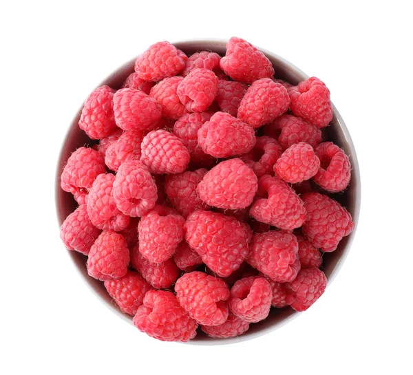 Delicious Fresh Ripe Raspberries Bowl Isolated White Top View — Stock Photo, Image