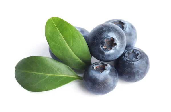 Fresh Ripe Blueberries Leaves White Background Stock Photo