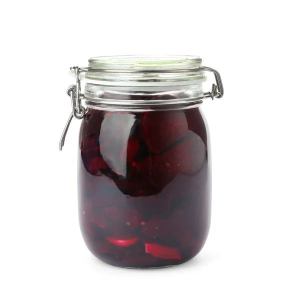 Pickled beets in glass jar isolated on white — Stock Image Pickled Beets Glass Jar Isolated White Royalty Free Stock Images