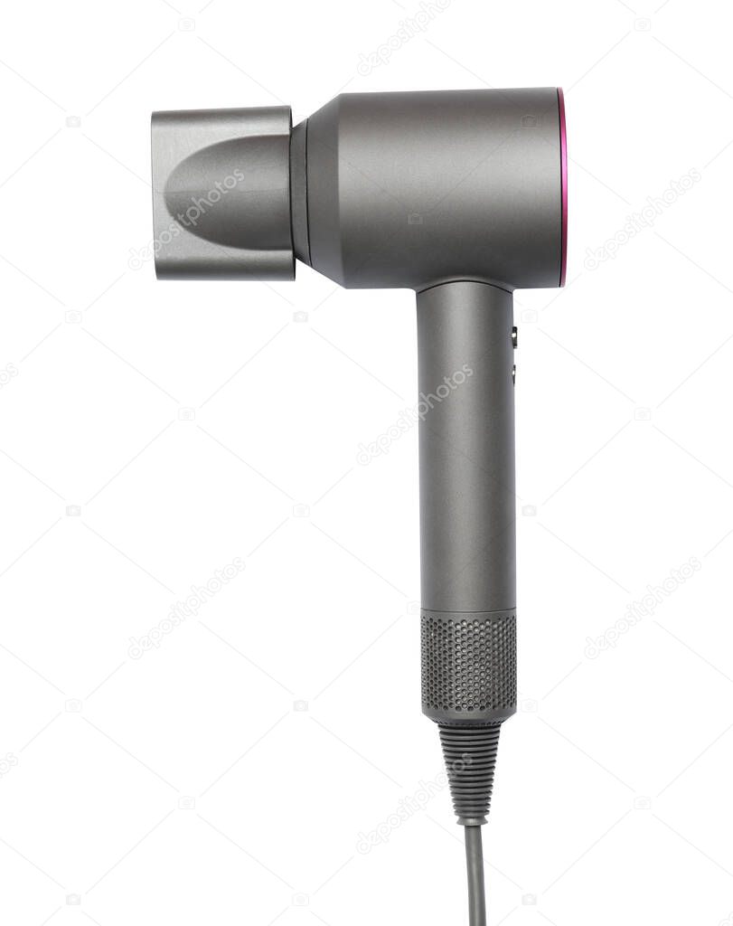 Modern hair dryer on white background, top view