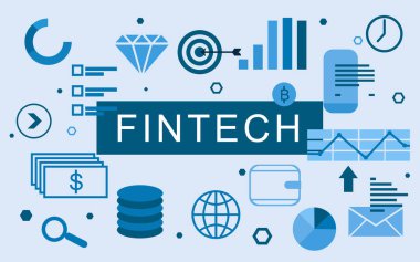 Fintech konsepti. Işık arkaplanındaki farklı simgelerin canlandırması