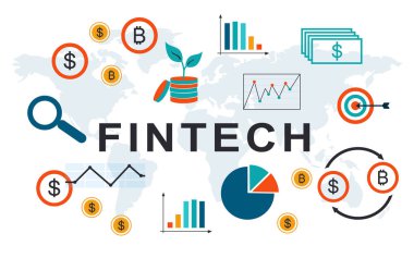 Fintech konsepti. Beyaz arkaplanda farklı simgeler ve dünya haritası