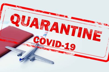 Coronavirus salgını sırasında hava trafiğinin kapatılması. Oyuncak uçak, pasaport ve yazılı taş ocağı pulu 