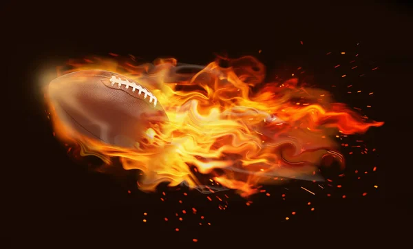 黒を背景に明るい炎が飛ぶラグビーボール — ストック写真