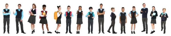 Niños Con Uniformes Escolares Sobre Fondo Blanco Diseño Banner —  Fotos de Stock