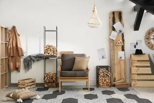 Stylish Room Interior Firewood Decorative Element — Stock Photo, Image