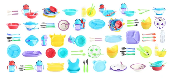 Συλλογή Πλαστικών Πιάτων Για Παιδικές Τροφές Λευκό Φόντο Σχέδιο Banner — Φωτογραφία Αρχείου