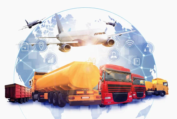 Logistikkonzept Mehrfachbelichtung Verschiedener Transporte Und Weltkugel — Stockfoto
