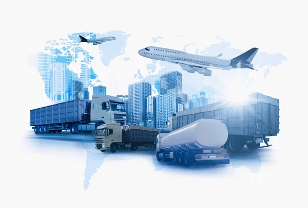 Logistikkoncept Multipel Exponering Olika Transporter Och Världskarta Tonad Blått — Stockfoto