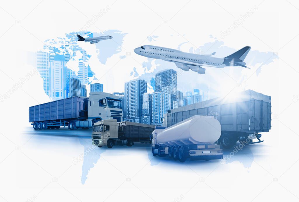 Logistics concept. Multiple exposure of different transports and world map, toned in blue 