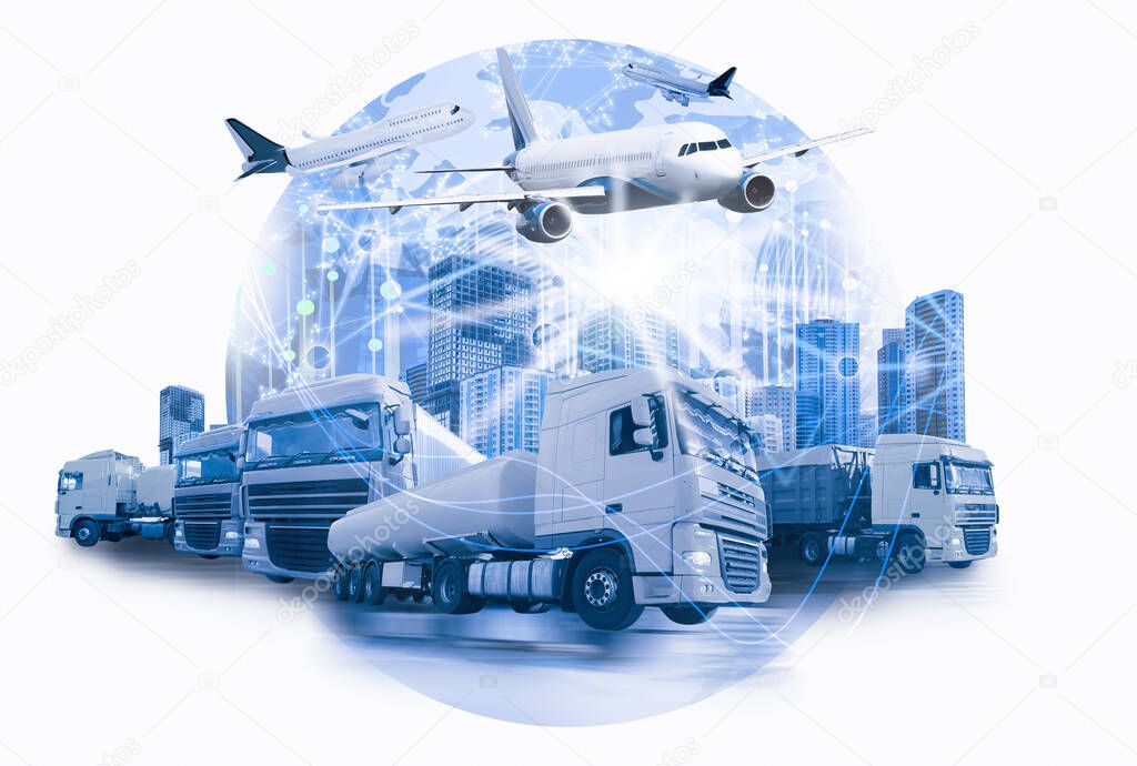 Logistics concept. Multiple exposure of different transports and world globe, toned in blue 