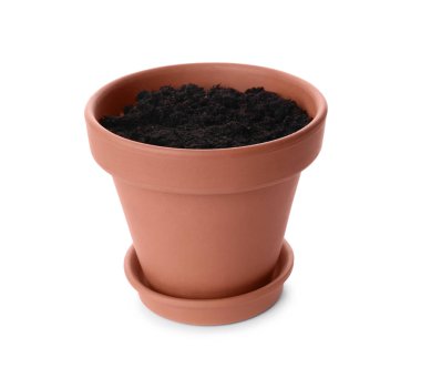 Beyazların üzerinde toprak izole edilmiş şık bir terracotta saksısı.