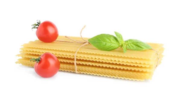 Uncooked Lasagna Sheets Cherry Tomatoes Basil Isolated White — Stock Photo, Image